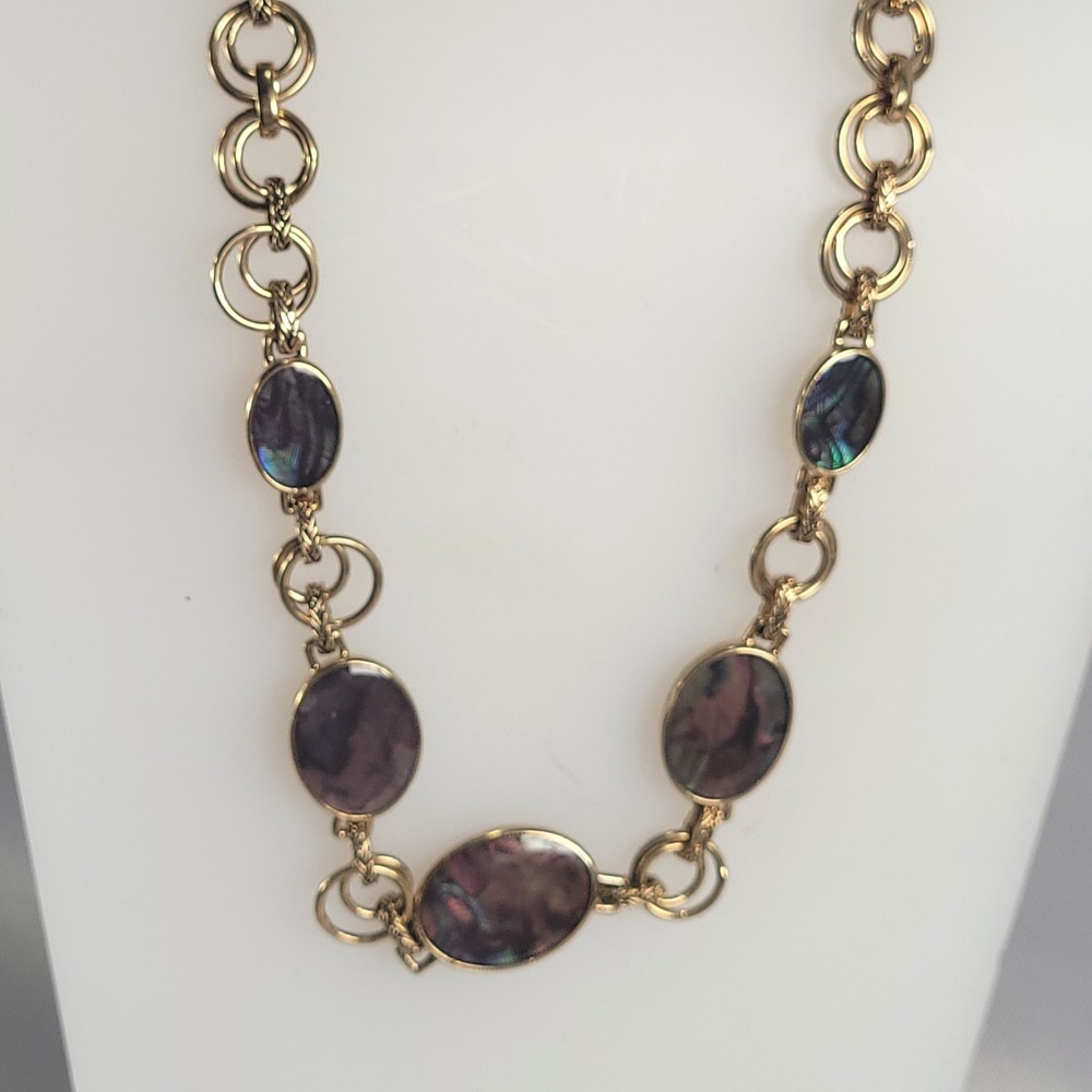 Monet Gold Tone Abalone Shell Oval Link Necklace‎ Iridescent Purple Multi 18-20"